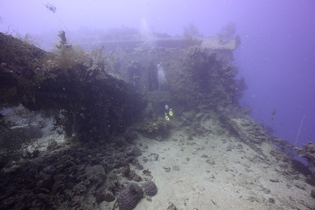 3/3/2023<br>First of a sequence of shots where I'm trying to keep up with the other divers, already disappearing inside.   When you dive these depths with a single air tank, you don't want to waste bottom time hanging around outside the wreck if you plan to go in.