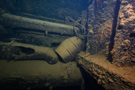 3/6/2023<br>In another hold, we see the remains of a bicycle.  (Better picture later on from another dive.)