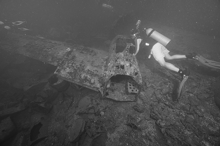 3/10/2023<br>Inside the hold of the last shipwreck we dove were the remains of Japanese Zero parts.