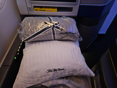 3/12/2023<br>Ah - flying home, from Guam after overnighting there on the way home from Truk.   I bought comfort on this trip, which included a pillow and blanket from Saks Fifth Avenue, lay-flat seats and 6' 4" of room when lying flat.<br><br>I needed the rest, for the Honolulu experience to come...